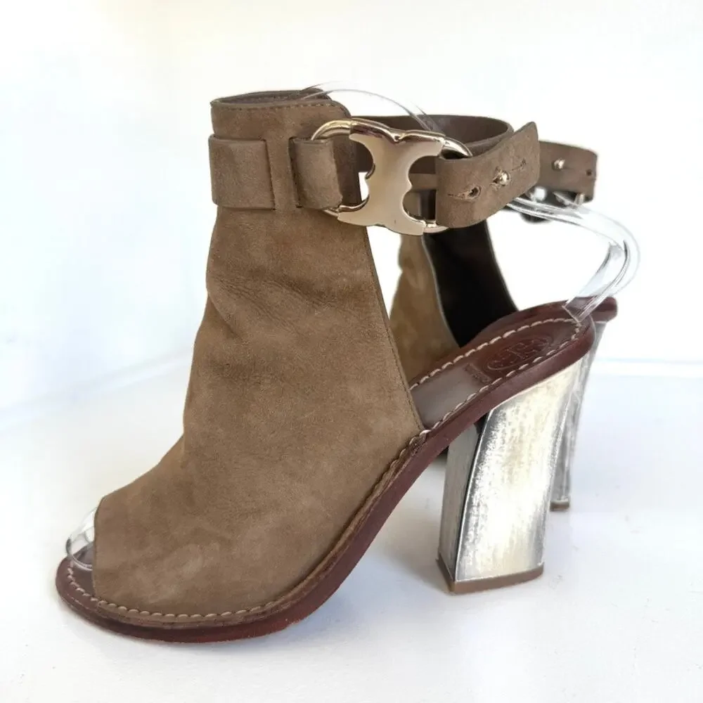 Tory Burch Gemini‎ Link Sandals Taupe Suede Block Heel Peep Toe Designer 7.5
